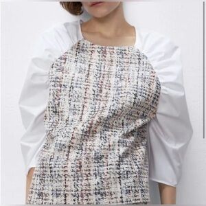 Zara White Puff Sleeve Striped Check Print Top Size Medium